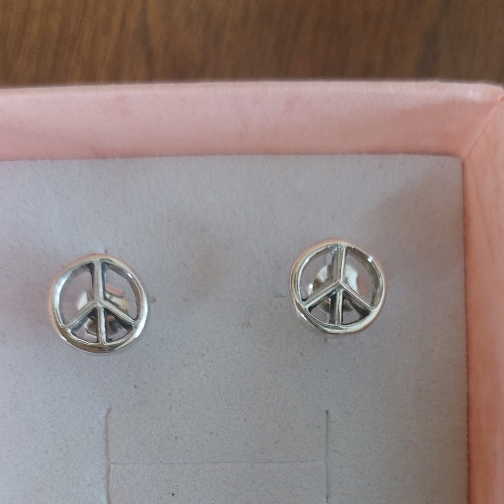 Solid Sterling Silver Peace Sign Stud Earrings - Picture 2 of 5